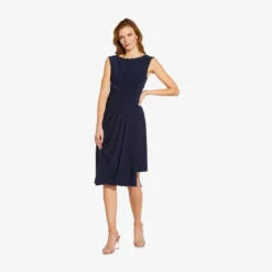 Adrianna Papell Asymmetrical Draped Midi Dress In Midnight 7 Adrianna Papell Asymmetrical Draped Midi Dress In Midnight -Glam Mirth Sales AP1D104475 AB411 Regular Alternate