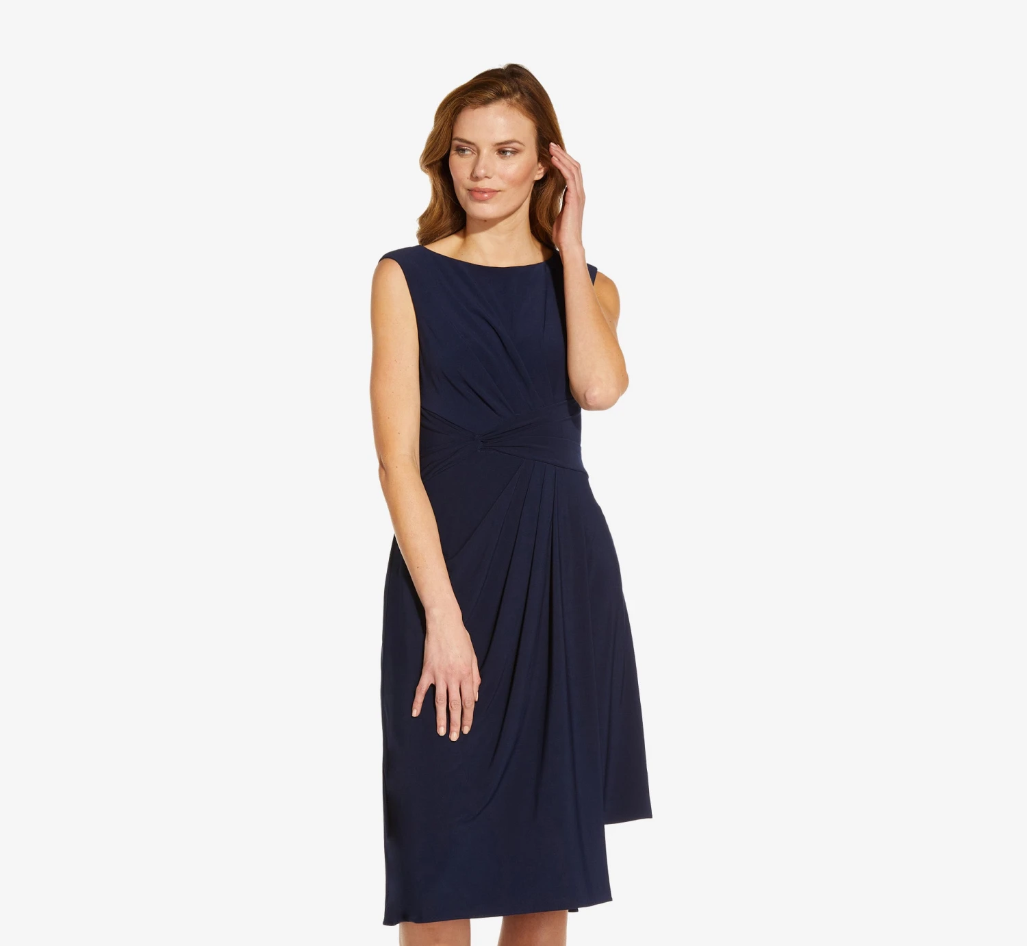 Adrianna Papell Asymmetrical Draped Midi Dress In Midnight 1 Adrianna Papell Asymmetrical Draped Midi Dress In Midnight