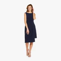 Adrianna Papell Asymmetrical Draped Midi Dress In Midnight 8 Adrianna Papell Asymmetrical Draped Midi Dress In Midnight -Glam Mirth Sales AP1D104475 AB411 Regular Side