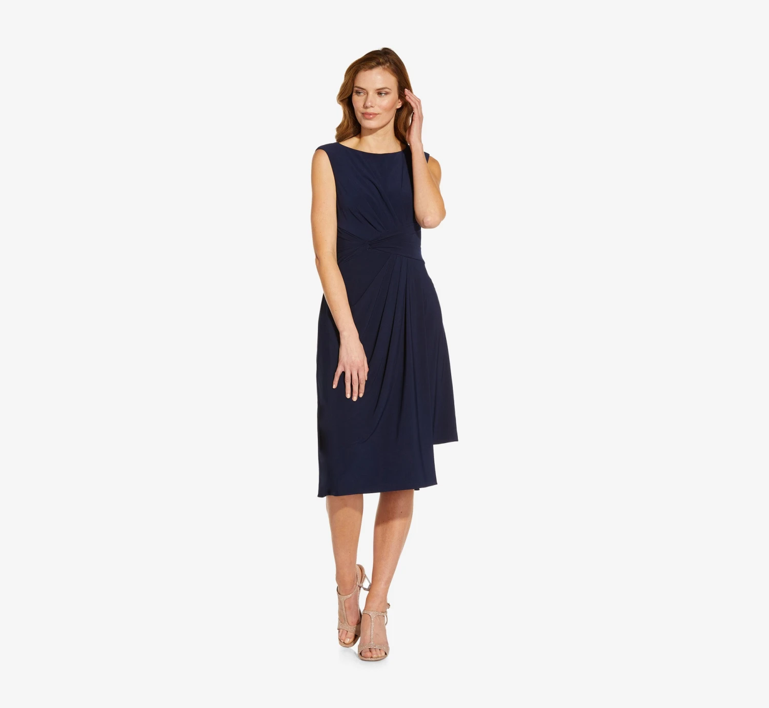 Adrianna Papell Asymmetrical Draped Midi Dress In Midnight 4 Adrianna Papell Asymmetrical Draped Midi Dress In Midnight - Image 4