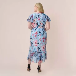 Adrianna Papell Plus Size Floral Faux Wrap Dress In Blue Multi -Glam Mirth Sales AP1D104503 AA461 Plus Back