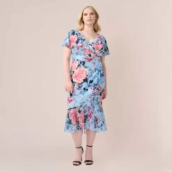 Adrianna Papell Plus Size Floral Faux Wrap Dress In Blue Multi