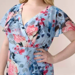 Adrianna Papell Plus Size Floral Faux Wrap Dress In Blue Multi -Glam Mirth Sales AP1D104503 AA461 Plus Detail