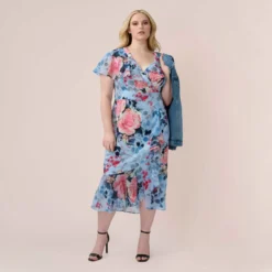 Adrianna Papell Plus Size Floral Faux Wrap Dress In Blue Multi -Glam Mirth Sales AP1D104503 AA461 Plus Jacket