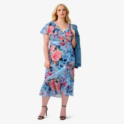 Adrianna Papell Plus Size Floral Faux Wrap Dress In Blue Multi -Glam Mirth Sales AP1D104503 AA461 Plus Lifestyle