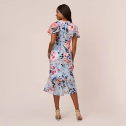 Adrianna Papell Floral Faux Wrap Dress In Blue Multi -Glam Mirth Sales AP1D104503 AA461 Regular Back