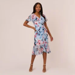 Adrianna Papell Floral Faux Wrap Dress In Blue Multi