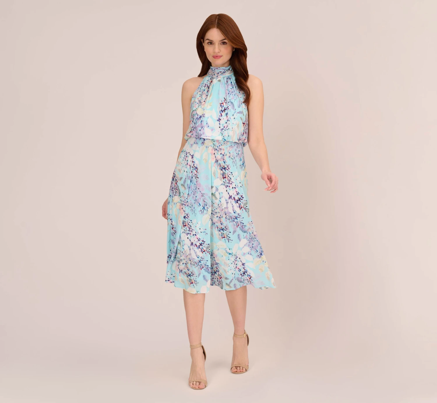 Adrianna Papell Floral Mock Neck Midi Dress In Light Blue Multi 1 Adrianna Papell Floral Mock Neck Midi Dress In Light Blue Multi