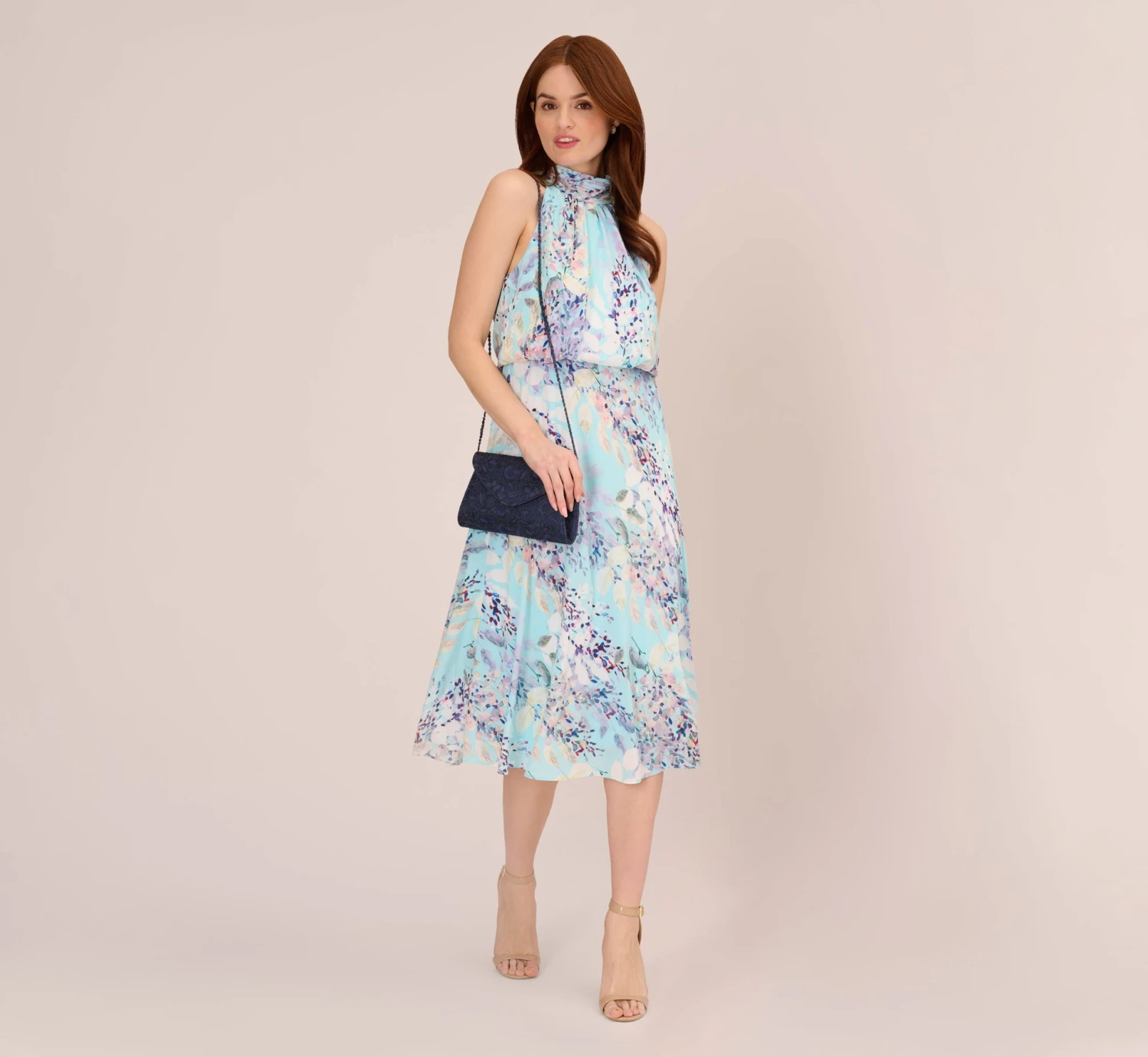 Adrianna Papell Floral Mock Neck Midi Dress In Light Blue Multi 2 Adrianna Papell Floral Mock Neck Midi Dress In Light Blue Multi - Image 2
