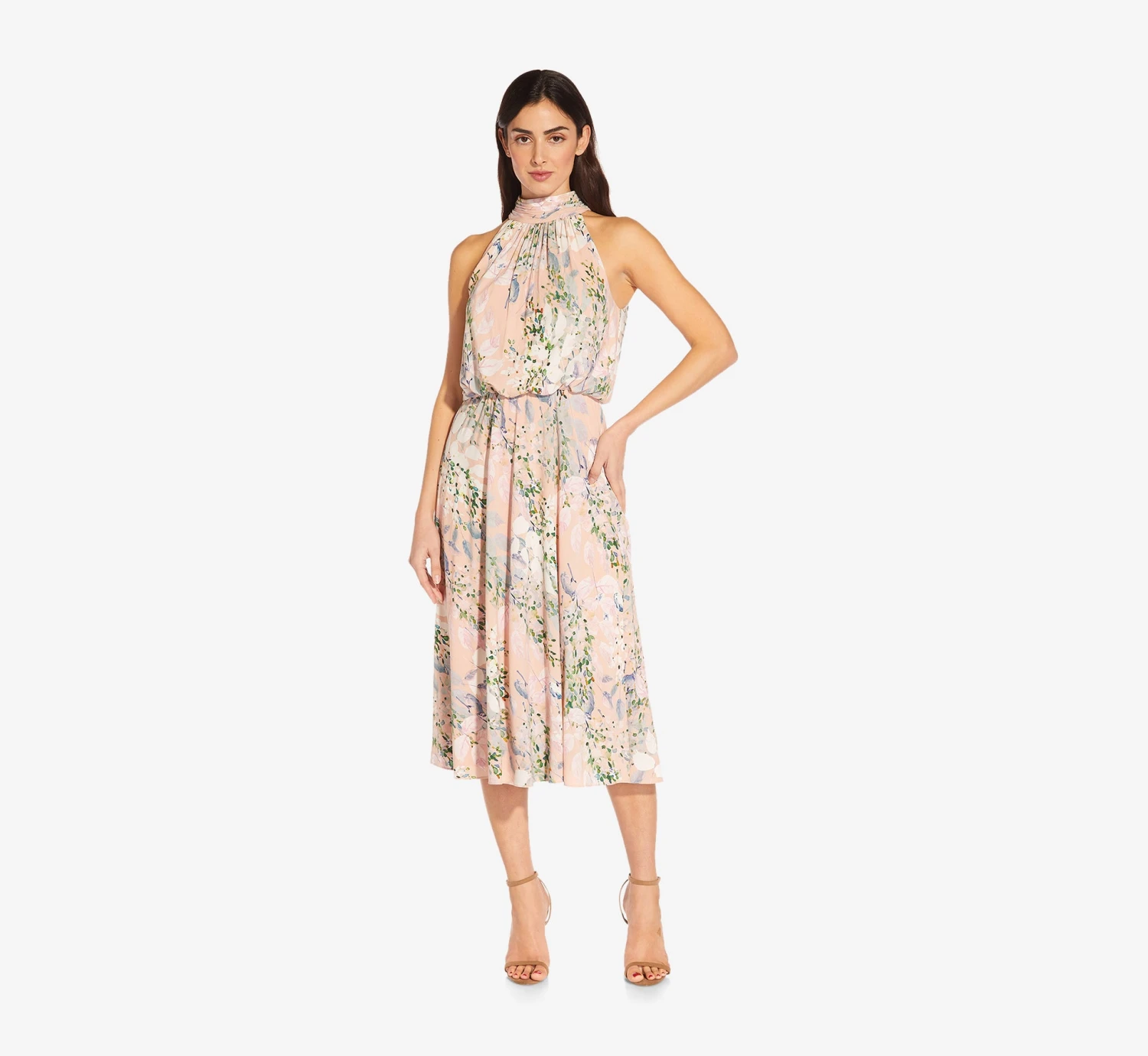 Adrianna Papell Floral Mock Neck Midi Dress In Blush Multi 3 Adrianna Papell Floral Mock Neck Midi Dress In Blush Multi - Image 3