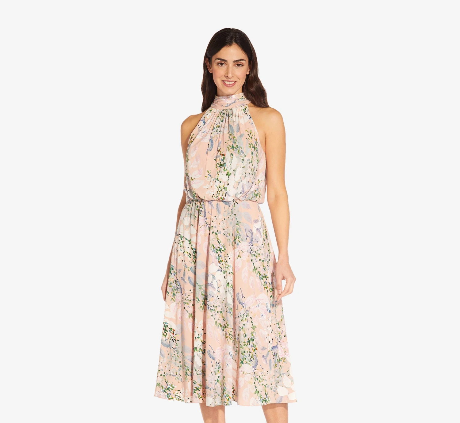 Adrianna Papell Floral Mock Neck Midi Dress In Blush Multi 1 Adrianna Papell Floral Mock Neck Midi Dress In Blush Multi