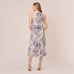 Adrianna Papell Floral Mock Neck Midi Dress In Dusty Blue Multi 8 Adrianna Papell Floral Mock Neck Midi Dress In Dusty Blue Multi -Glam Mirth Sales AP1D104505 CJ980 Regular Back