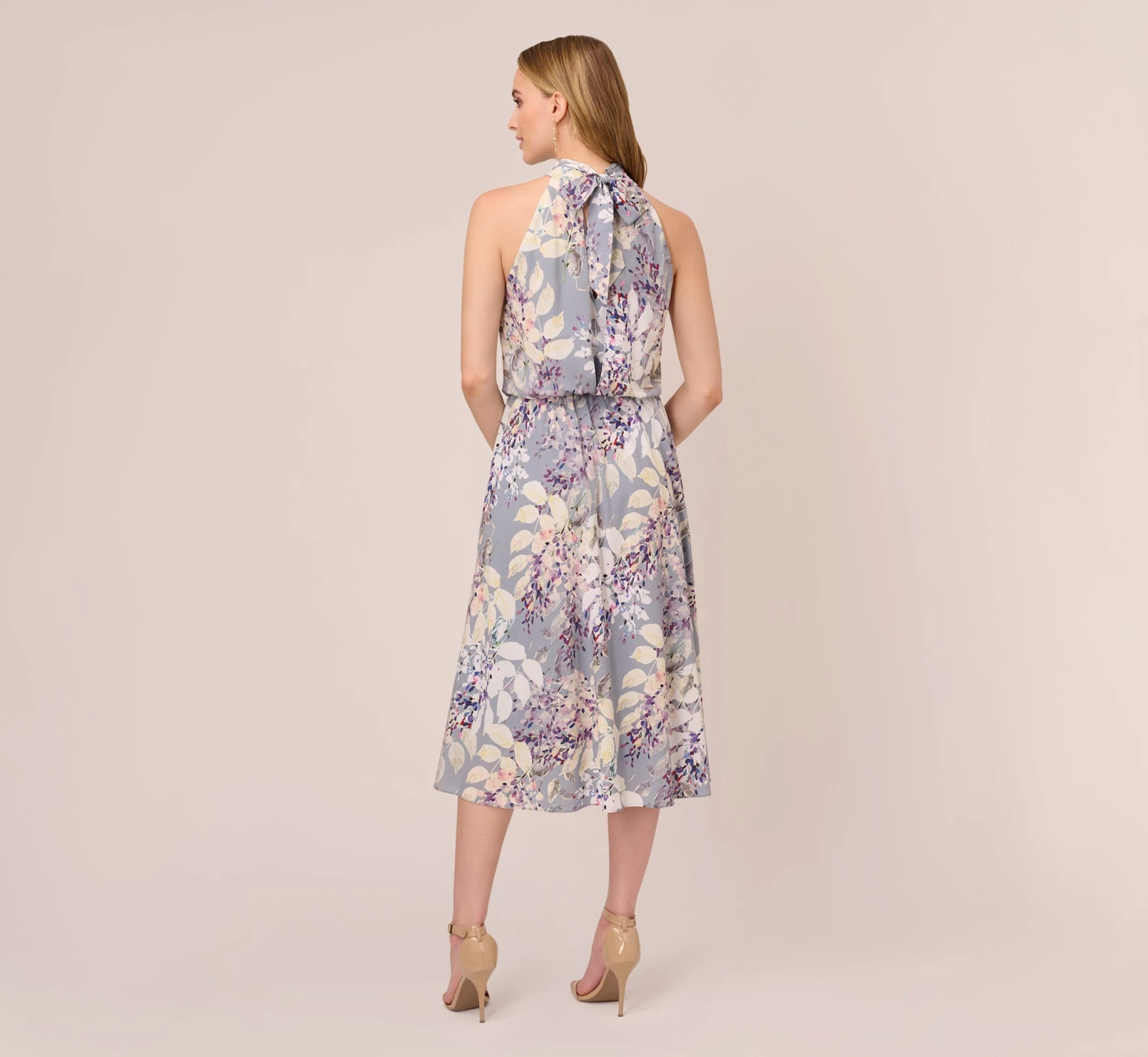 Adrianna Papell Floral Mock Neck Midi Dress In Dusty Blue Multi 3 Adrianna Papell Floral Mock Neck Midi Dress In Dusty Blue Multi - Image 3