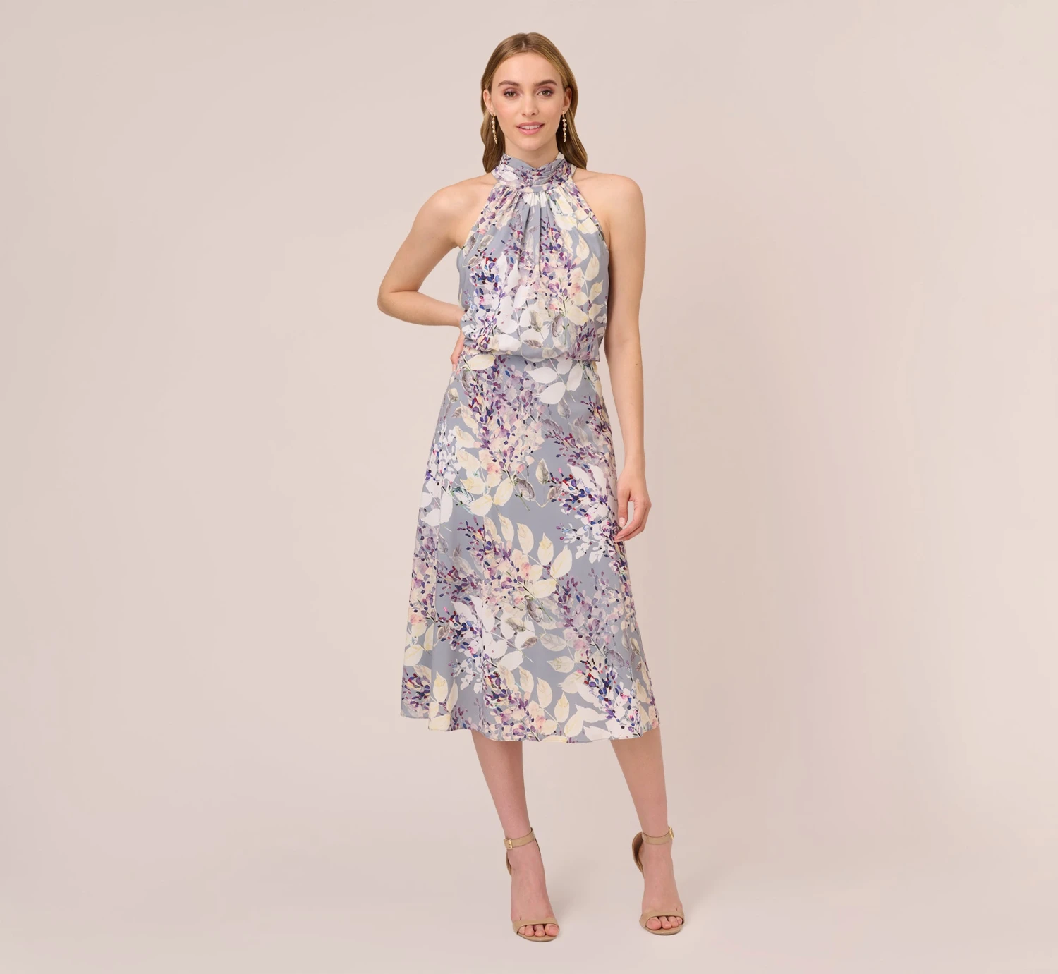 Adrianna Papell Floral Mock Neck Midi Dress In Dusty Blue Multi 1 Adrianna Papell Floral Mock Neck Midi Dress In Dusty Blue Multi
