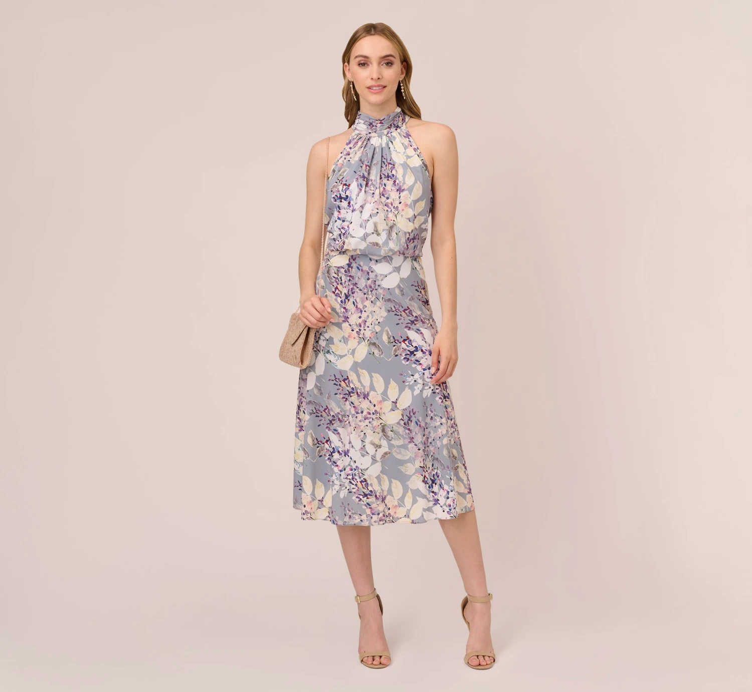 Adrianna Papell Floral Mock Neck Midi Dress In Dusty Blue Multi 2 Adrianna Papell Floral Mock Neck Midi Dress In Dusty Blue Multi - Image 2