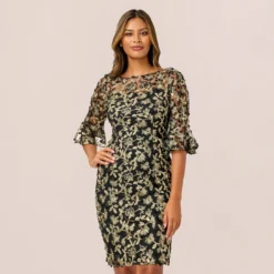 Adrianna Papell Metallic Embroidered Sheath Dress In Black Gold 7 Adrianna Papell Metallic Embroidered Sheath Dress In Black Gold -Glam Mirth Sales AP1D104511 AA967 Regular Default