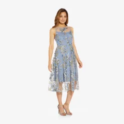 Adrianna Papell Floral Embroidered Flared Dress In Blue Multi -Glam Mirth Sales AP1D104513 AA461 Regular Alternate