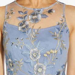 Adrianna Papell Floral Embroidered Flared Dress In Blue Multi -Glam Mirth Sales AP1D104513 AA461 Regular Detail