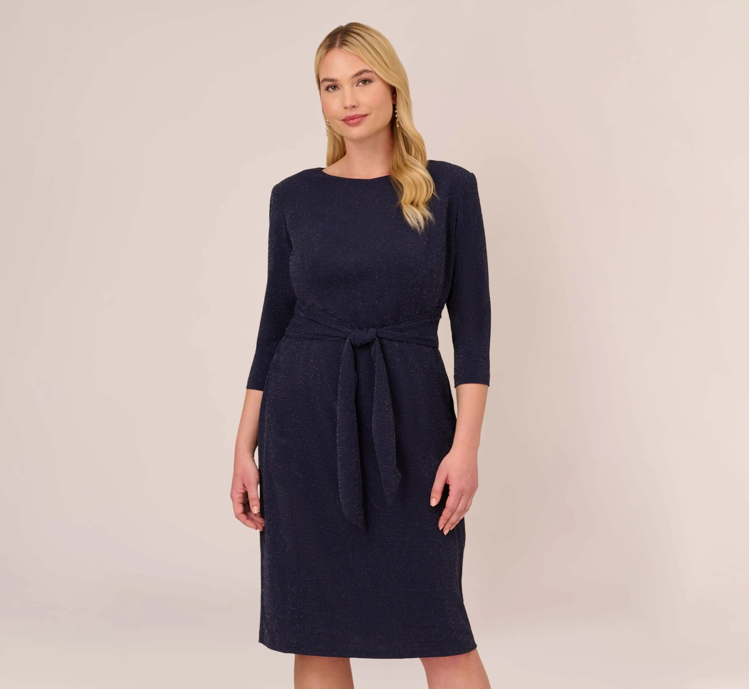 Adrianna Papell Plus Size Metallic Knit Dress In Light Navy 1 Adrianna Papell Plus Size Metallic Knit Dress In Light Navy