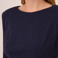 Adrianna Papell Plus Size Metallic Knit Dress In Light Navy 10 Adrianna Papell Plus Size Metallic Knit Dress In Light Navy -Glam Mirth Sales AP1D104562 AT412 Plus Detail