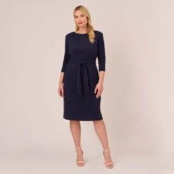 Adrianna Papell Plus Size Metallic Knit Dress In Light Navy 12 Adrianna Papell Plus Size Metallic Knit Dress In Light Navy -Glam Mirth Sales AP1D104562 AT412 Plus Front