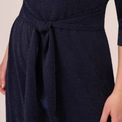 Adrianna Papell Plus Size Metallic Knit Dress In Light Navy 9 Adrianna Papell Plus Size Metallic Knit Dress In Light Navy -Glam Mirth Sales AP1D104562 AT412 Plus Lifestyle