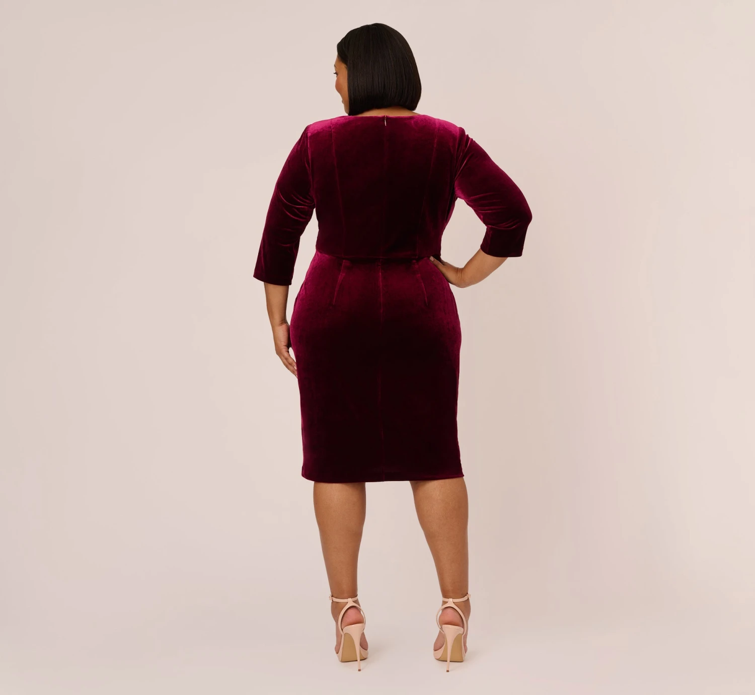 Adrianna Papell Plus Size Velvet Tie Front Midi Dress With Three Quarter Sleeves In Burgundy 3 Adrianna Papell Plus Size Velvet Tie Front Midi Dress With Three Quarter Sleeves In Burgundy - Image 3