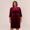 Adrianna Papell Plus Size Velvet Tie Front Midi Dress With Three Quarter Sleeves In Burgundy