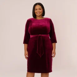 Adrianna Papell Plus Size Velvet Tie Front Midi Dress With Three Quarter Sleeves In Burgundy