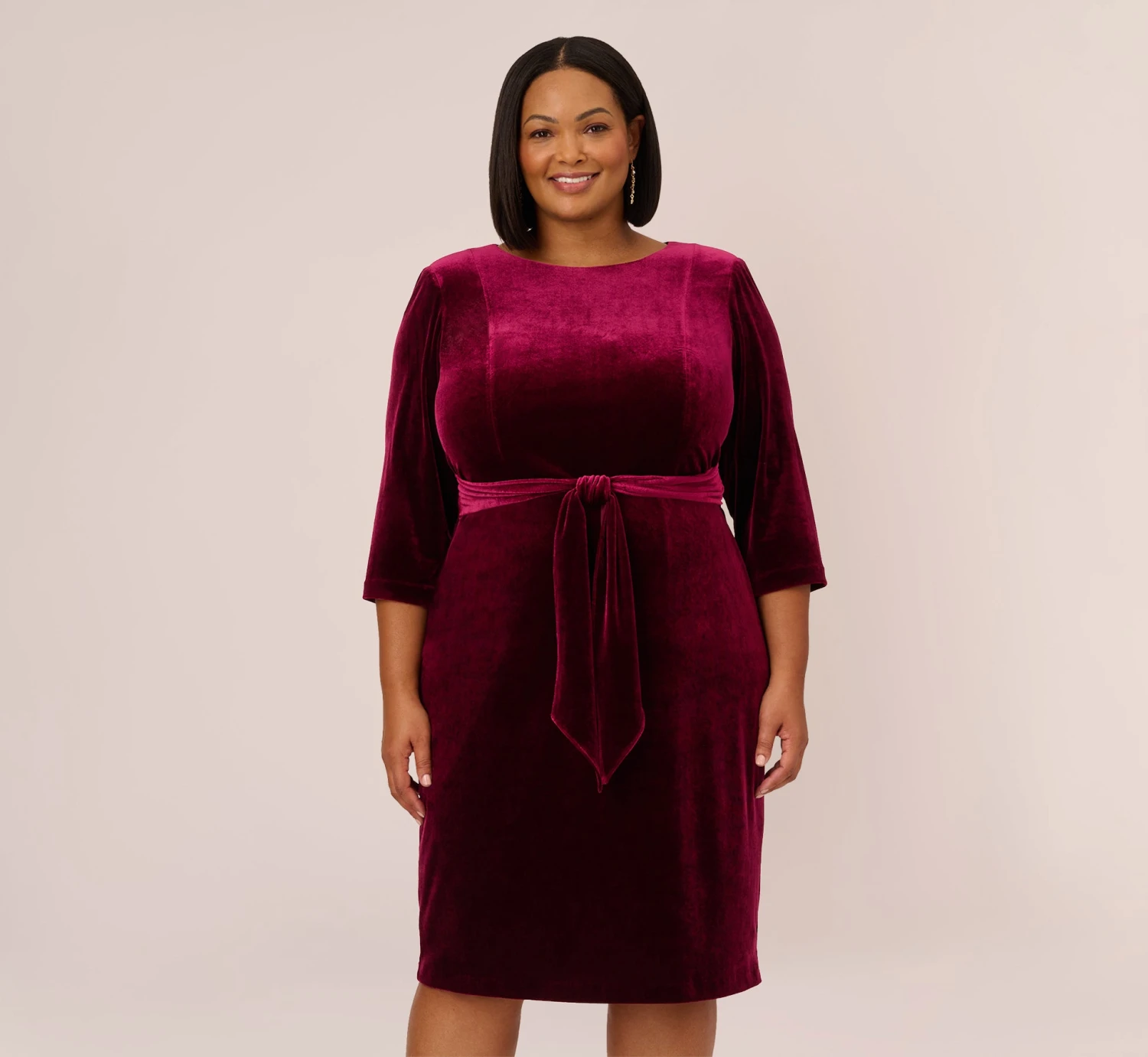 Adrianna Papell Plus Size Velvet Tie Front Midi Dress With Three Quarter Sleeves In Burgundy 1 Adrianna Papell Plus Size Velvet Tie Front Midi Dress With Three Quarter Sleeves In Burgundy