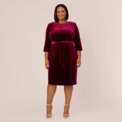 Adrianna Papell Plus Size Velvet Tie Front Midi Dress With Three Quarter Sleeves In Burgundy 10 Adrianna Papell Plus Size Velvet Tie Front Midi Dress With Three Quarter Sleeves In Burgundy -Glam Mirth Sales AP1D104591 AC506 Plus Front