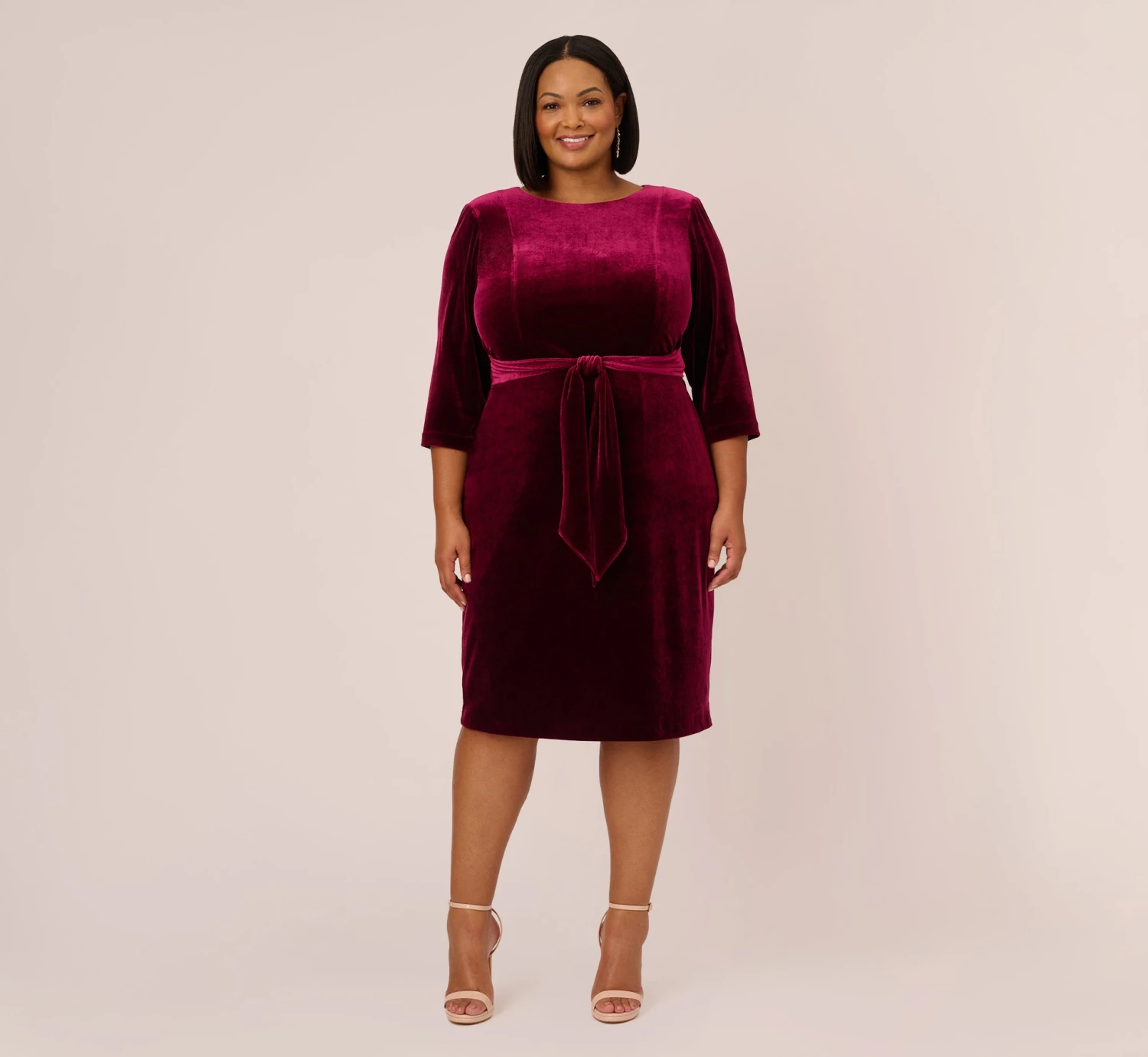 Adrianna Papell Plus Size Velvet Tie Front Midi Dress With Three Quarter Sleeves In Burgundy 4 Adrianna Papell Plus Size Velvet Tie Front Midi Dress With Three Quarter Sleeves In Burgundy - Image 4