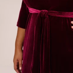 Adrianna Papell Plus Size Velvet Tie Front Midi Dress With Three Quarter Sleeves In Burgundy 11 Adrianna Papell Plus Size Velvet Tie Front Midi Dress With Three Quarter Sleeves In Burgundy -Glam Mirth Sales AP1D104591 AC506 Plus Lifestyle
