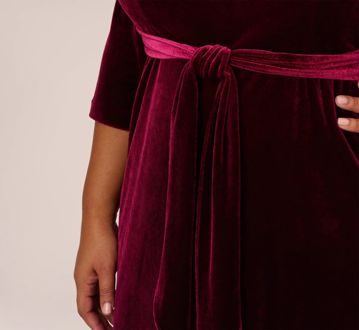 Adrianna Papell Plus Size Velvet Tie Front Midi Dress With Three Quarter Sleeves In Burgundy 5 Adrianna Papell Plus Size Velvet Tie Front Midi Dress With Three Quarter Sleeves In Burgundy - Image 5