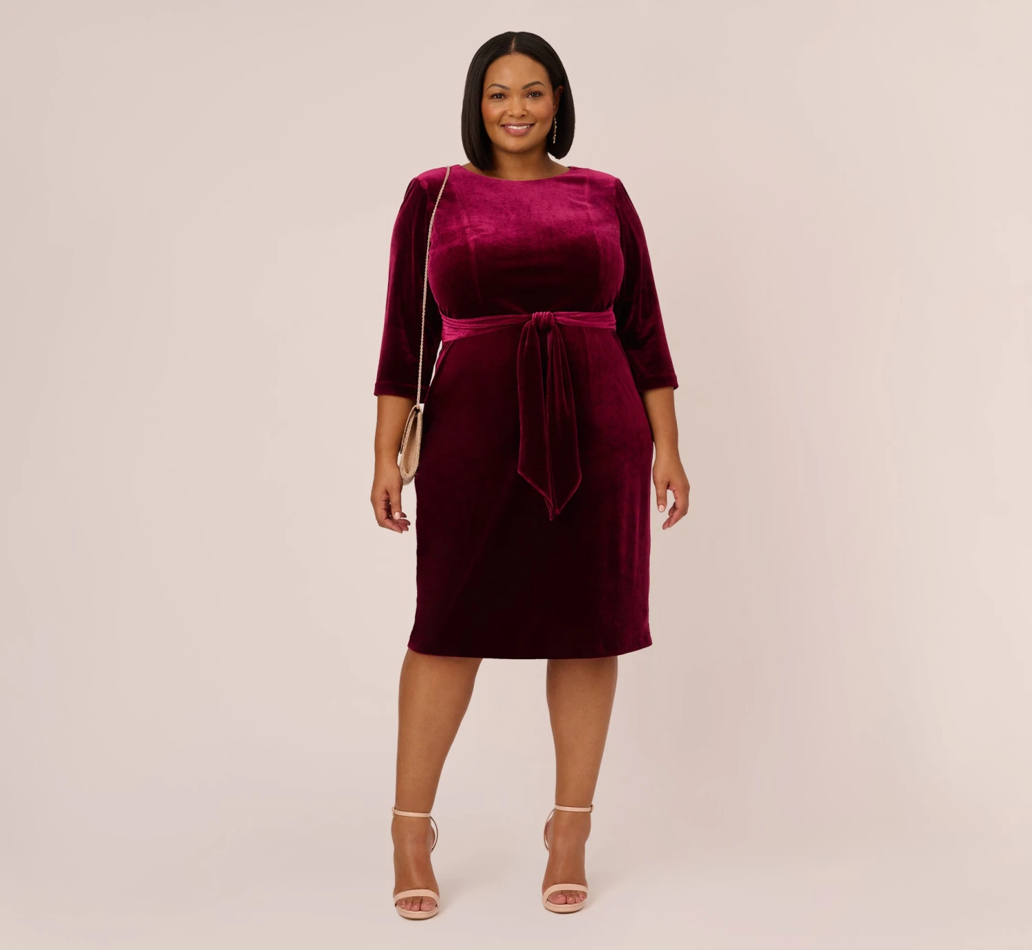 Adrianna Papell Plus Size Velvet Tie Front Midi Dress With Three Quarter Sleeves In Burgundy 2 Adrianna Papell Plus Size Velvet Tie Front Midi Dress With Three Quarter Sleeves In Burgundy - Image 2