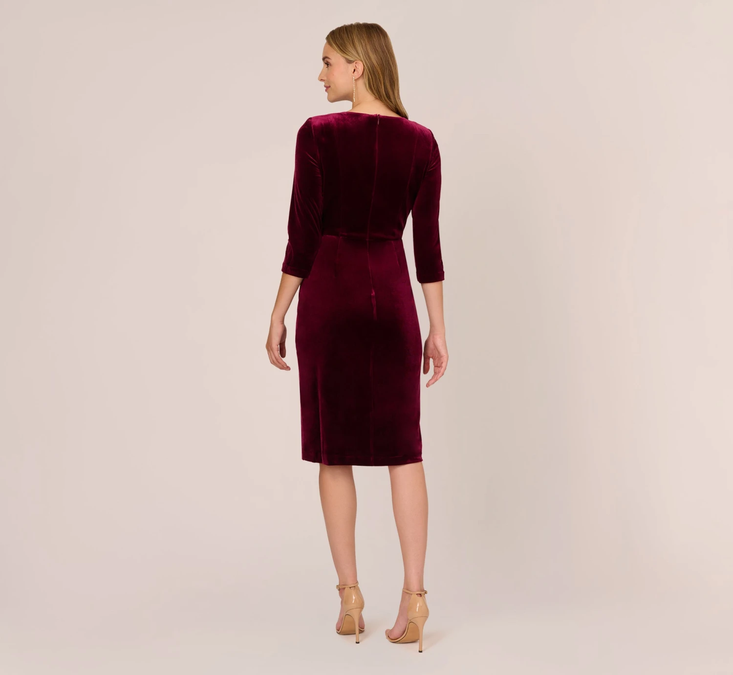 Adrianna Papell Velvet Tie Front Midi Dress With Three Quarter Sleeves In Burgundy 4 Adrianna Papell Velvet Tie Front Midi Dress With Three Quarter Sleeves In Burgundy - Image 4