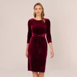 Adrianna Papell Velvet Tie Front Midi Dress With Three Quarter Sleeves In Burgundy