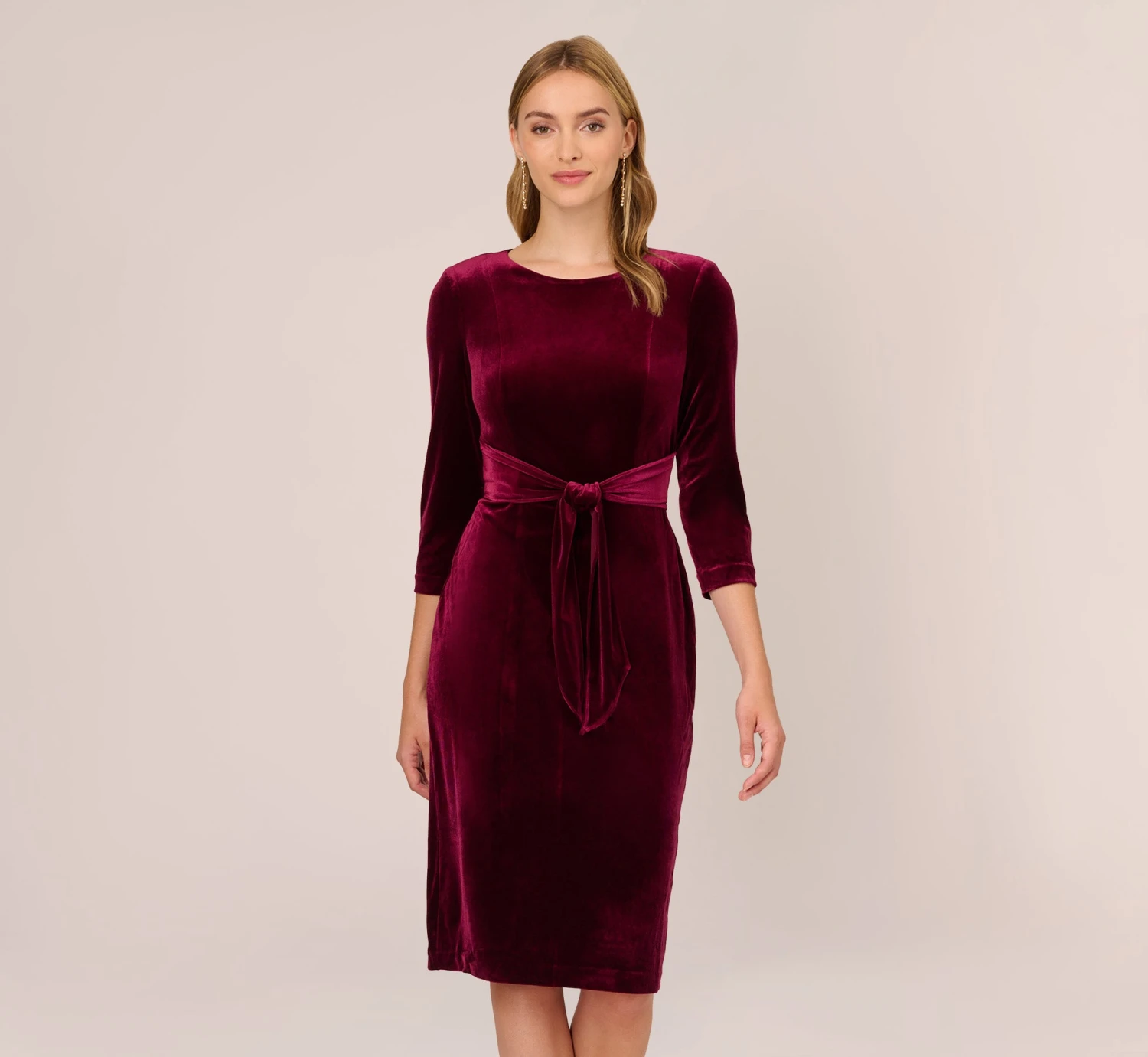 Adrianna Papell Velvet Tie Front Midi Dress With Three Quarter Sleeves In Burgundy 1 Adrianna Papell Velvet Tie Front Midi Dress With Three Quarter Sleeves In Burgundy