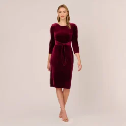 Adrianna Papell Velvet Tie Front Midi Dress With Three Quarter Sleeves In Burgundy 13 Adrianna Papell Velvet Tie Front Midi Dress With Three Quarter Sleeves In Burgundy -Glam Mirth Sales AP1D104591 AC506 Regular Front