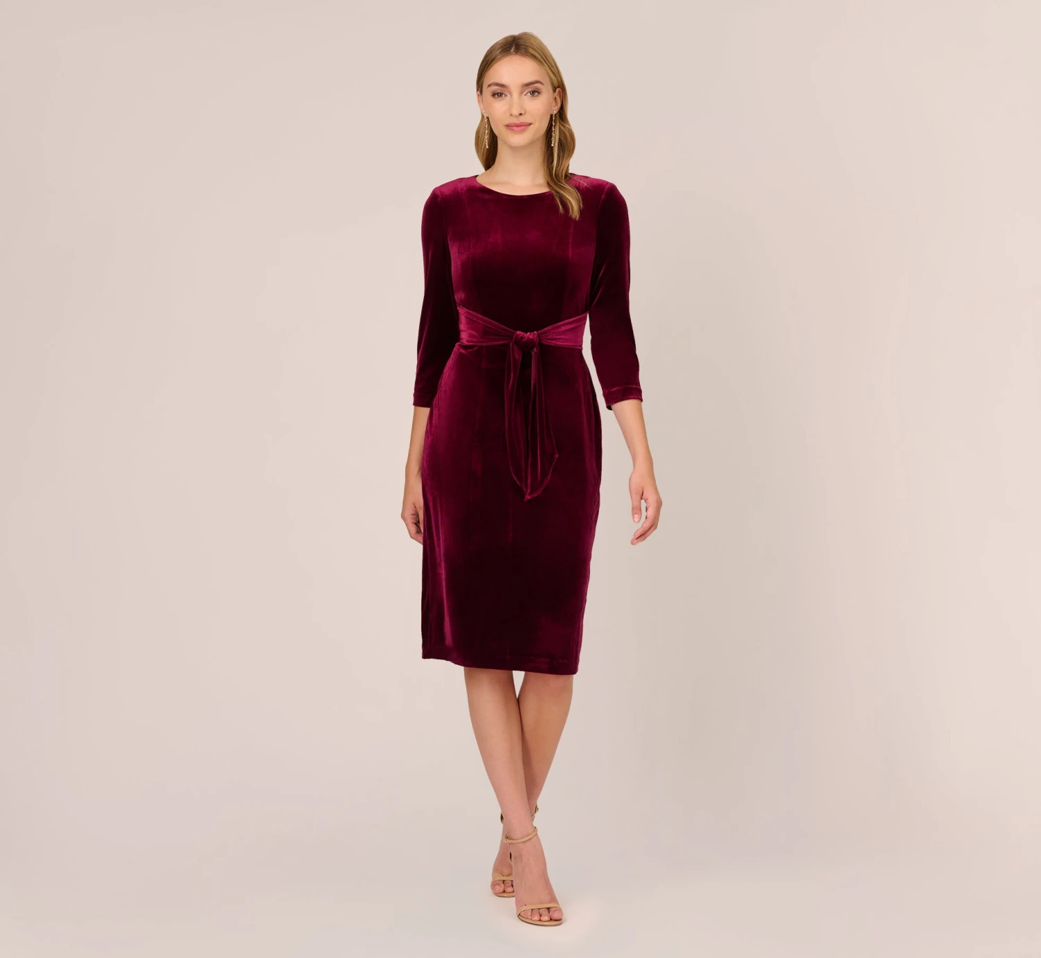 Adrianna Papell Velvet Tie Front Midi Dress With Three Quarter Sleeves In Burgundy 7 Adrianna Papell Velvet Tie Front Midi Dress With Three Quarter Sleeves In Burgundy - Image 7