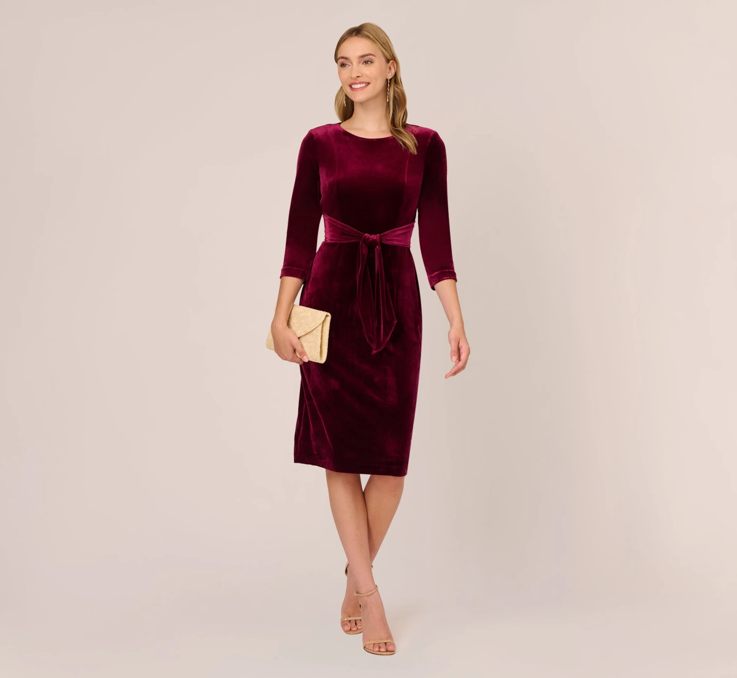 Adrianna Papell Velvet Tie Front Midi Dress With Three Quarter Sleeves In Burgundy 2 Adrianna Papell Velvet Tie Front Midi Dress With Three Quarter Sleeves In Burgundy - Image 2