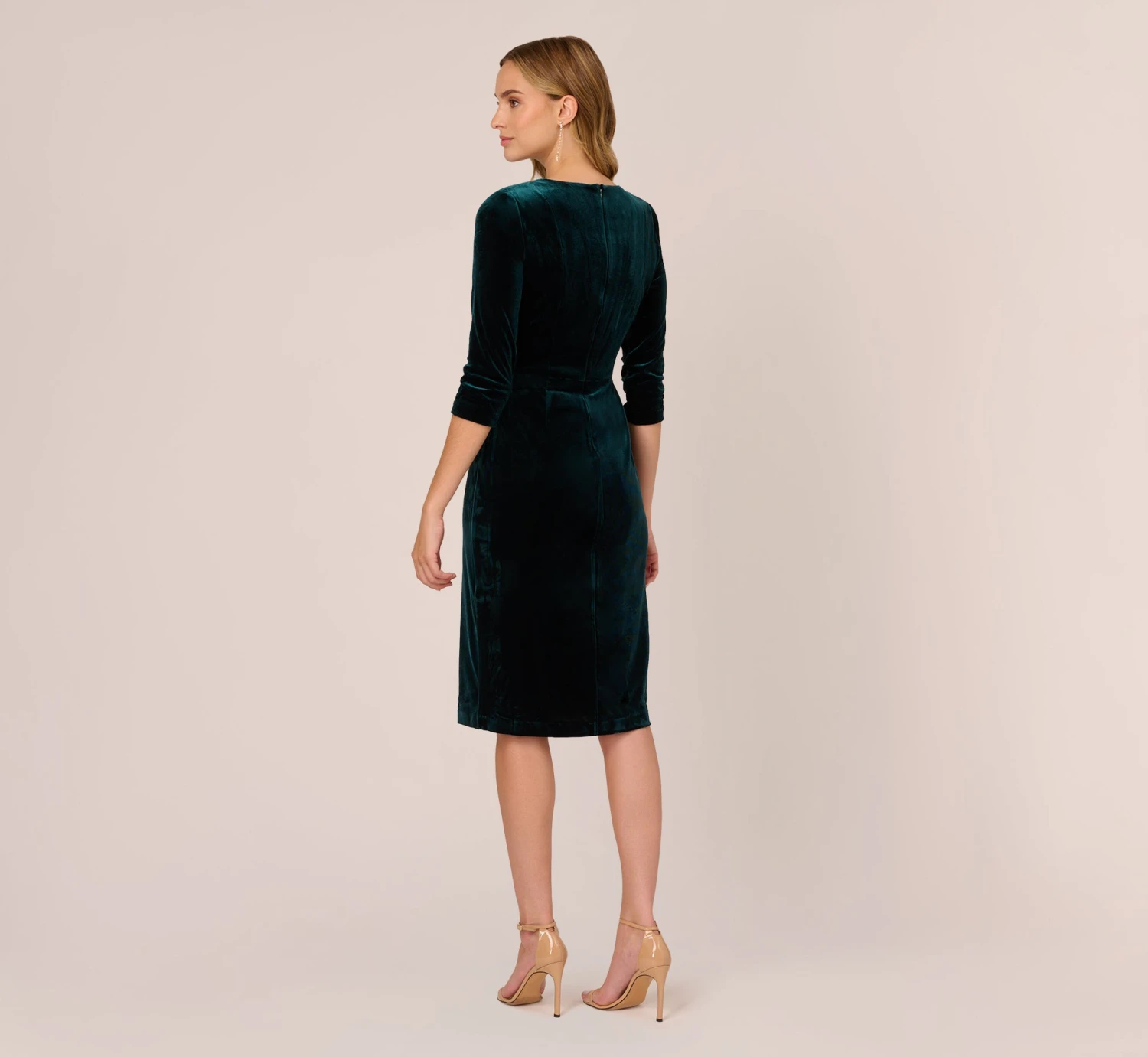 Adrianna Papell Velvet Tie Front Midi Dress With Three Quarter Sleeves In Hunter 6 Adrianna Papell Velvet Tie Front Midi Dress With Three Quarter Sleeves In Hunter - Image 6