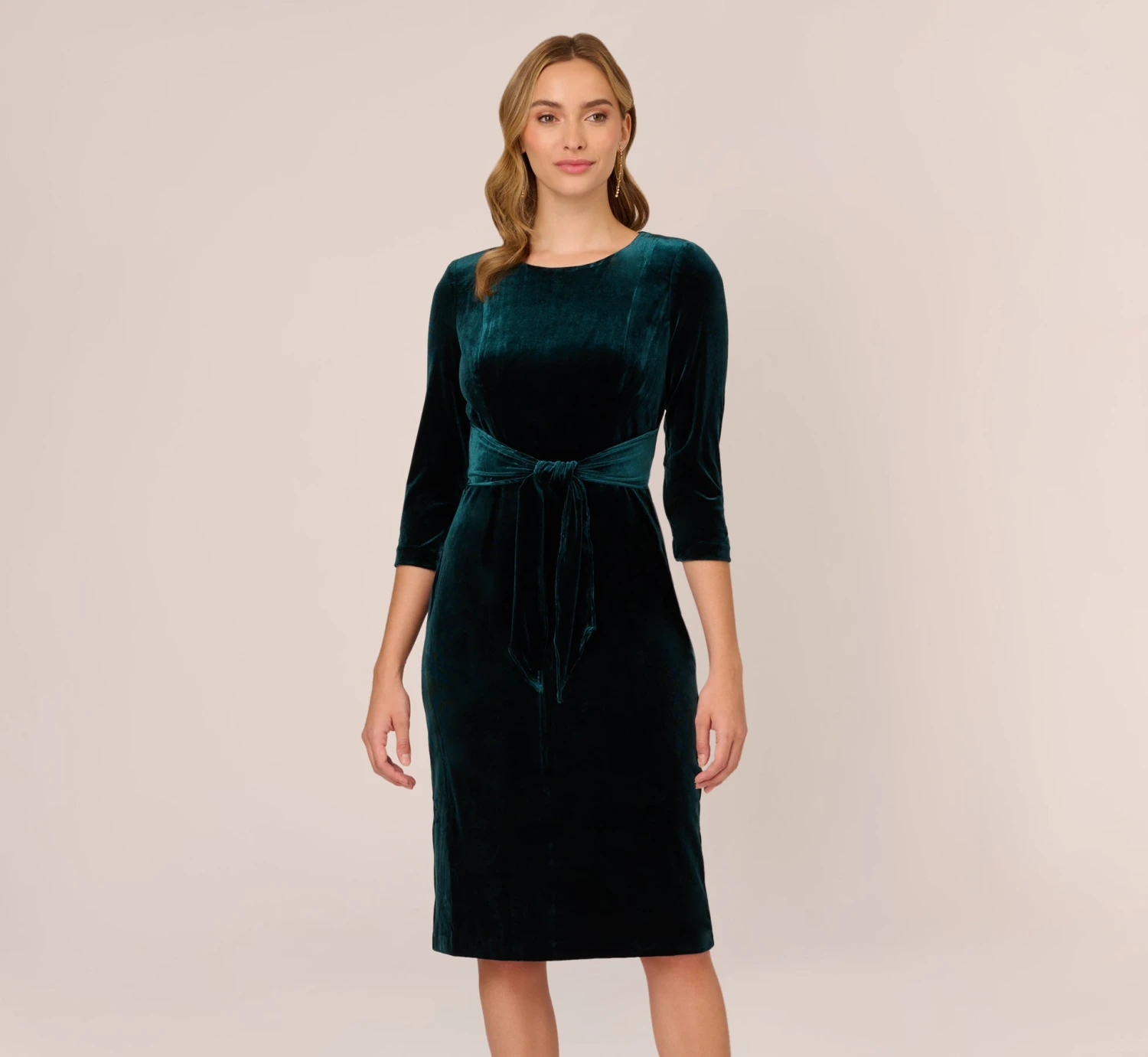 Adrianna Papell Velvet Tie Front Midi Dress With Three Quarter Sleeves In Hunter 1 Adrianna Papell Velvet Tie Front Midi Dress With Three Quarter Sleeves In Hunter
