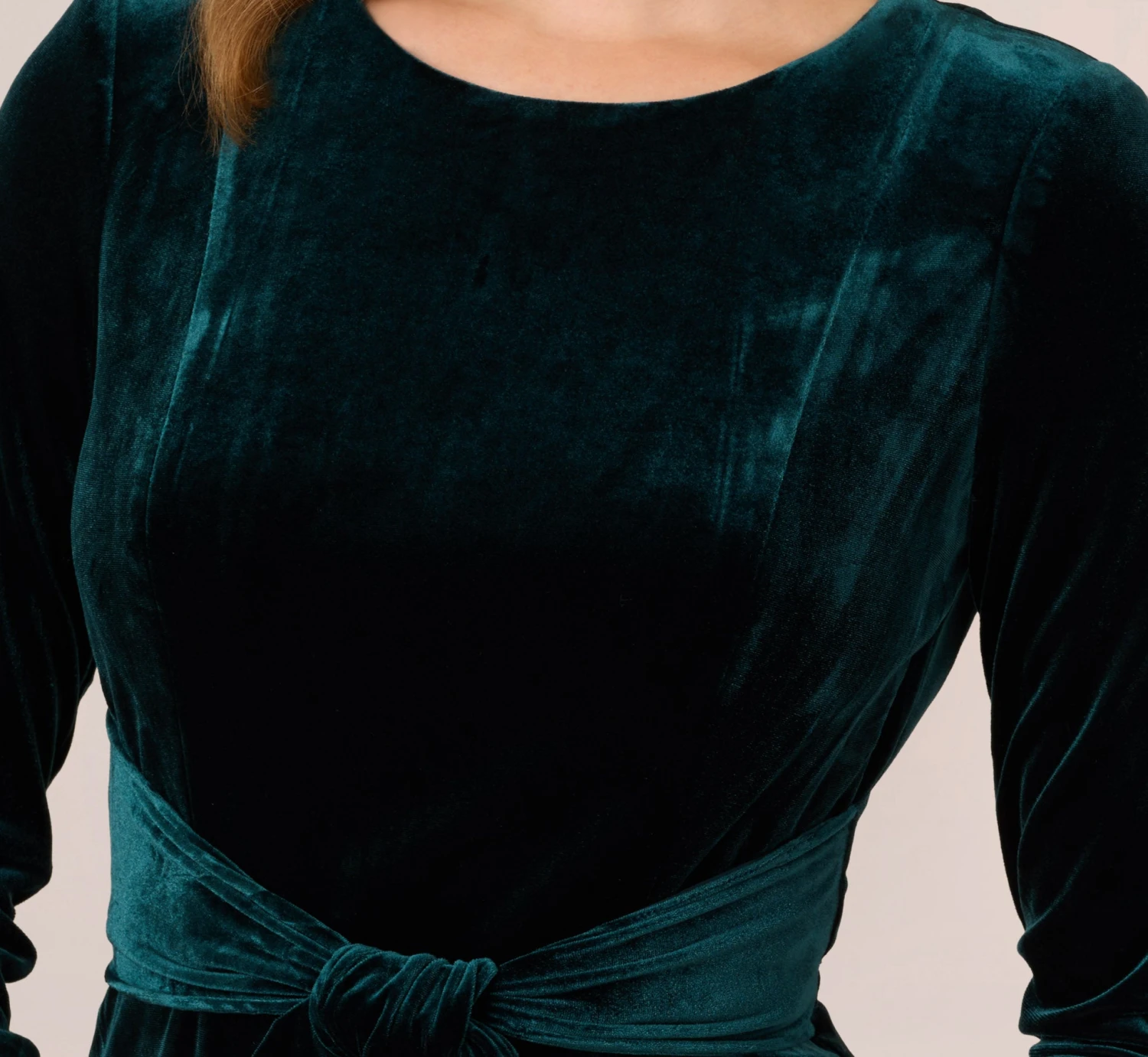 Adrianna Papell Velvet Tie Front Midi Dress With Three Quarter Sleeves In Hunter 3 Adrianna Papell Velvet Tie Front Midi Dress With Three Quarter Sleeves In Hunter - Image 3