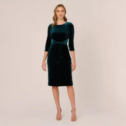 Adrianna Papell Velvet Tie Front Midi Dress With Three Quarter Sleeves In Hunter 14 Adrianna Papell Velvet Tie Front Midi Dress With Three Quarter Sleeves In Hunter -Glam Mirth Sales AP1D104591 AE303 Regular Front