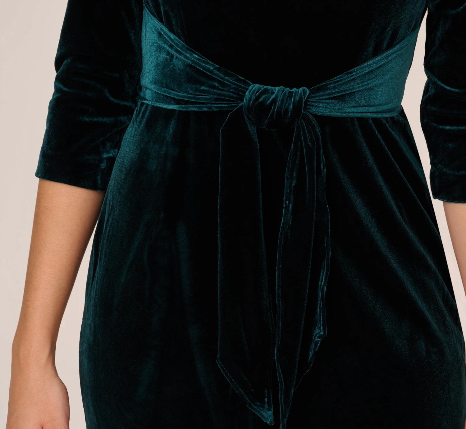 Adrianna Papell Velvet Tie Front Midi Dress With Three Quarter Sleeves In Hunter 4 Adrianna Papell Velvet Tie Front Midi Dress With Three Quarter Sleeves In Hunter - Image 4