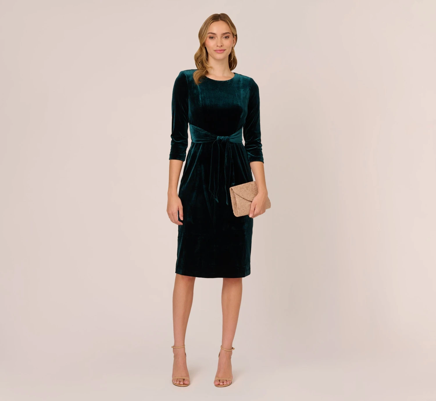 Adrianna Papell Velvet Tie Front Midi Dress With Three Quarter Sleeves In Hunter 2 Adrianna Papell Velvet Tie Front Midi Dress With Three Quarter Sleeves In Hunter - Image 2