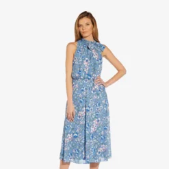 Adrianna Papell Floral-Print Tie-Neck Midi-Length Chiffon Halter Dress In Blue Multi