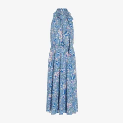 Adrianna Papell Floral-Print Tie-Neck Midi-Length Chiffon Halter Dress In Blue Multi -Glam Mirth Sales AP1D104621 AA461 Regular Flat 0680db4c 9362 4007 b943 0a2aefa64921