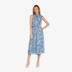 Adrianna Papell Floral-Print Tie-Neck Midi-Length Chiffon Halter Dress In Blue Multi -Glam Mirth Sales AP1D104621 AA461 Regular Side 59d14780 632c 48b1 a862 db9ced48799c